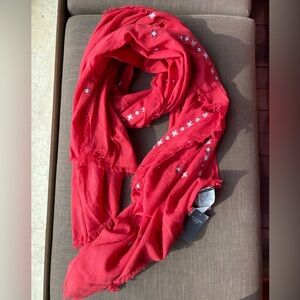 NWT Abercrombie Fitch Scarf red fringe embroidery